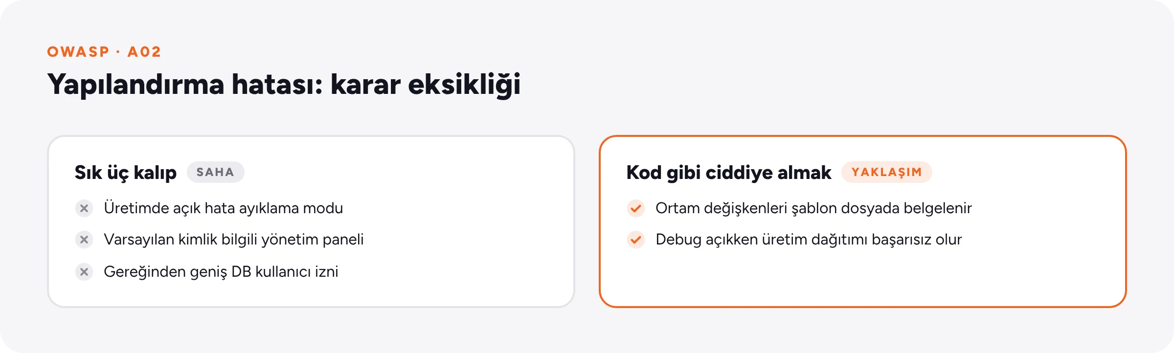 Yapılandırma hatalarının üç sık kalıbı ile bunlara karşı uyguladığımız yaklaşımın karşılaştırması.