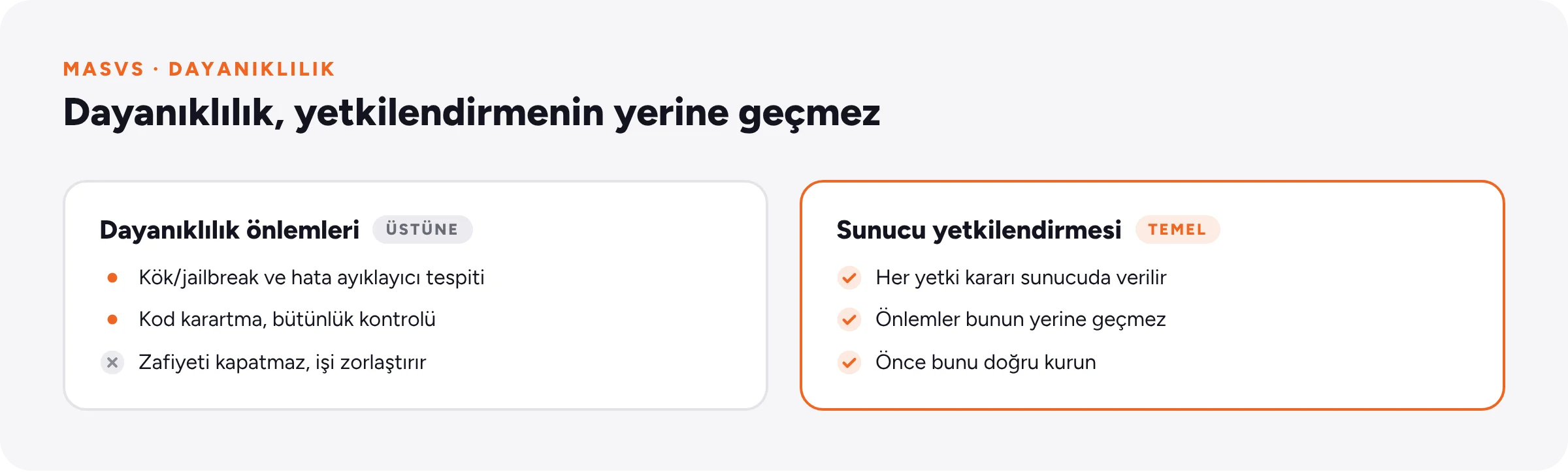 Dayanıklılık önlemleri sunucu tarafı yetkilendirmenin üstüne gelir, yerine geçmez.