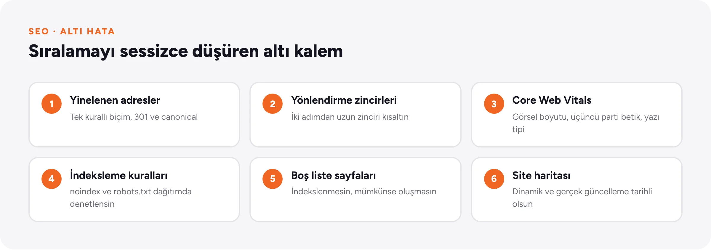 Kurumsal sitelerde sık görülen altı teknik hata ve her birine kısa çözüm önerisi.